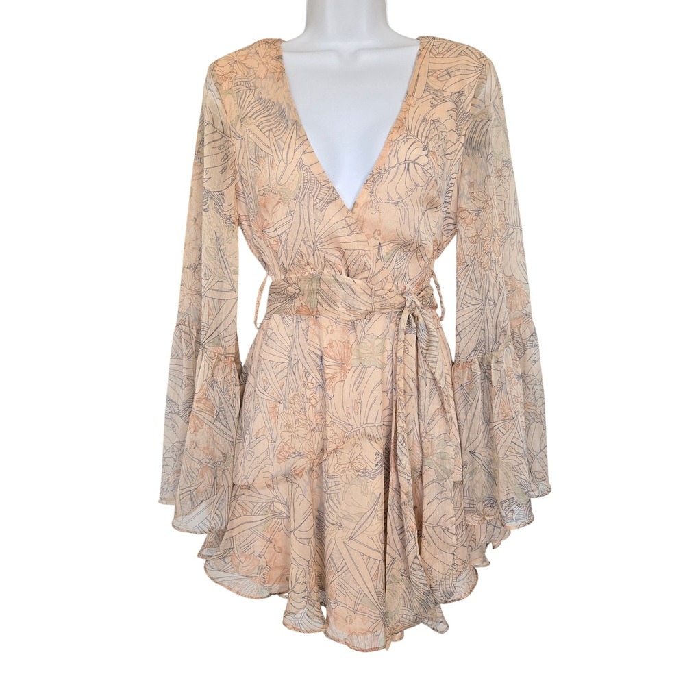 Here Comes The Sun Peach Tropical Bell Sleeve Mini Dress XS Boho Romantic Resort